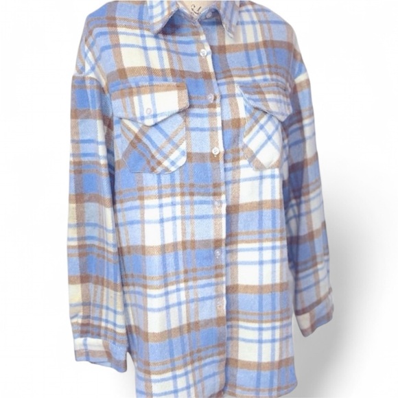 Blue & Cream Plaid Flannel Shacket Button Up Jacket - Picture 4 of 5